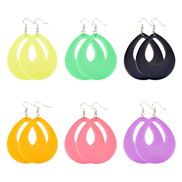 

PandaHall ANATTASOUL 6 Pairs 6 Style Acrylic Hollow Out Teardrop Dangle Earrings, Iron Long Drop Earrings for Women, Mixed Color, 79~80mm..., Multicolor