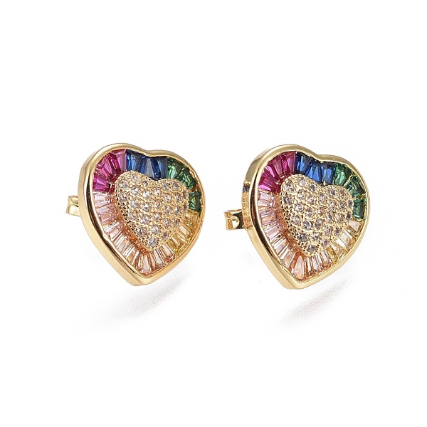 

PandaHall Brass Micro Pave Cubic Zirconia Stud Earrings, Heart, Golden, Colorful, 15x14x3.7mm, Pin: 0.7mm Cubic Zirconia