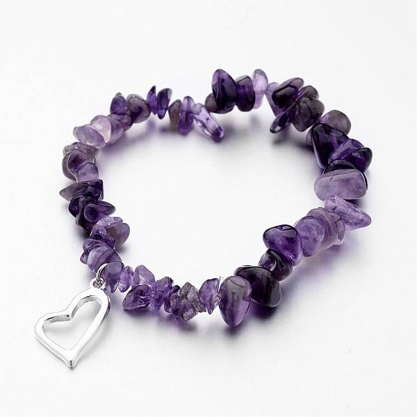 PandaHall Alloy Charm Bracelets, Heart, with Natural Amethyst Chip Beads and Elastic Crystal Thread, Silver Color Plated, 2-1/4 inch(55mm)...