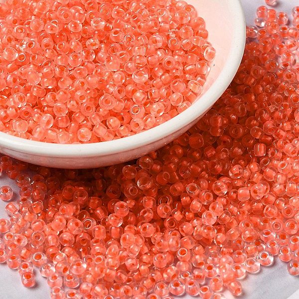 

PandaHall 6/0 Transparent Glass Seed Beads, Inside Colours, Round Hole, Round, Orange Red, 3.5~4x3mm, Hole: 2mm, about 450g/bag Glass