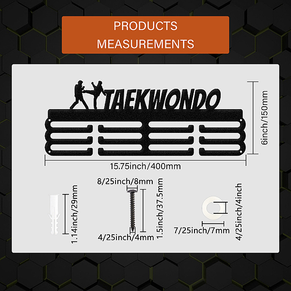 

PandaHall Fashion Iron Medal Hanger Holder Display Wall Rack, with Screws, Word Taekwondo, Electrophoresis Black, 150x400mm Iron Rectangle...