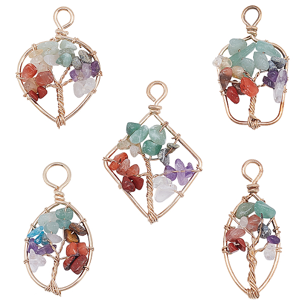 

PandaHall 5Pcs 5 Style Natural Mixed Stone Pendants, Golden Tone Brass Wire Wrapped, Tree, Oval, Bottle, Heart & Rhombus, 1pc/style Mixed...