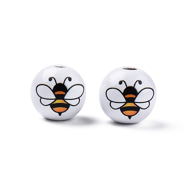 

PandaHall Bees Theme Printed Wooden Beads, Round, White, Bees Pattern, 15.5~16x15mm, Hole: 3.5mm Wood Bees White