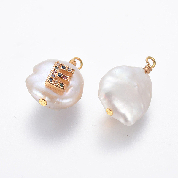 

PandaHall Natural Cultured Freshwater Pearl Pendants, with Brass Micro Pave Cubic Zirconia Findings, Flat Round with Letter, Colorful...