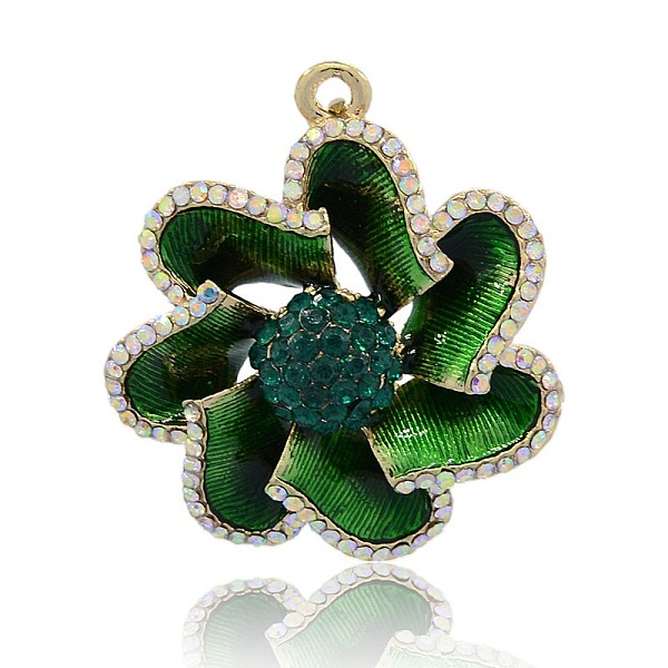 

PandaHall Golden Tone Alloy Rhinestone Enamel Flower Pendants, Emerald, 46x40x12mm, Hole: 3mm Alloy Rhinestone+Enamel Flower Green
