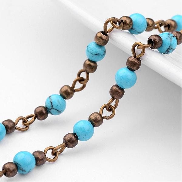 

PandaHall Handmade Round Synthetic Turquoise Beads Chains for Necklaces Bracelets Making, with Iron Eye Pin, Unwelded and Brass Spacer Beads..., Blue