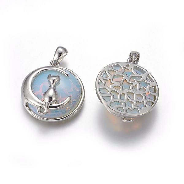 

PandaHall Opalite Kitten Pendants, with Brass Findings, Flat Round with Cat & Crescent Moon Shape, Platinum, 32x28~29x10~10.5mm, Hole: 4x6mm...