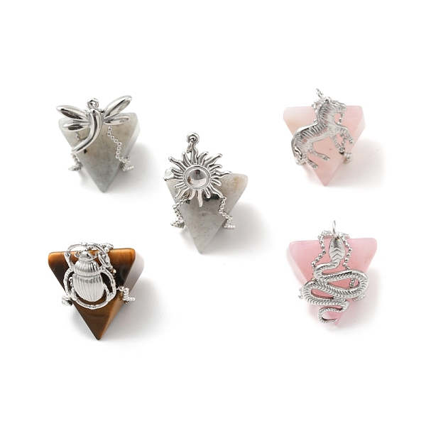 

PandaHall Natural Mixed Gemstone Pendants, Pyramid Charm, with Stainless Steel Color Plated 304 Stainless Steel Sun & Snake & Zebra &...
