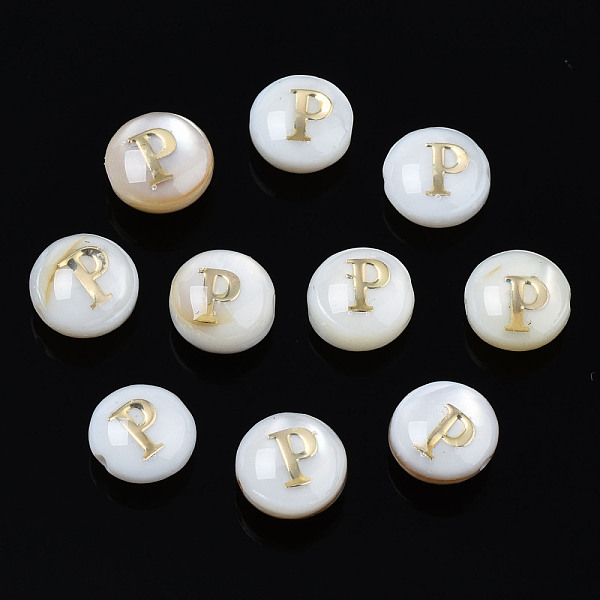 

PandaHall Natural Freshwater Shell Beads, with Golden Plated Brass Etched Metal Embellishments, Flat Round with Letter, Seashell Color...