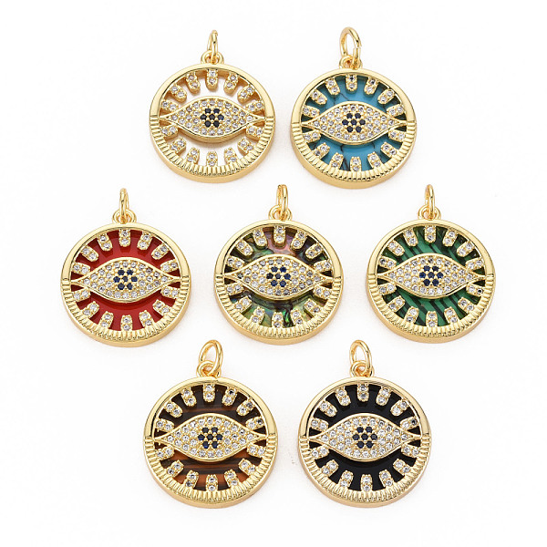 

PandaHall Brass Micro Pave Cubic Zirconia Pendants, with Shell & Synthetic Stone & Acrylic and Jump Ring, Real 16K Gold Plated, Flat Round..., Multicolor