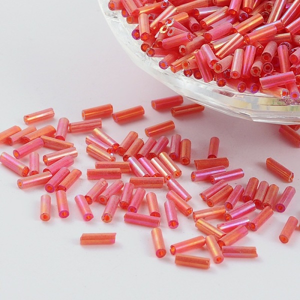 

PandaHall Transparent Colours Rainbow Glass Bugle Beads, AB Color, FireBrick, 6x1.8mm, Hole: 0.6mm, 1250pcs/50g Glass Red