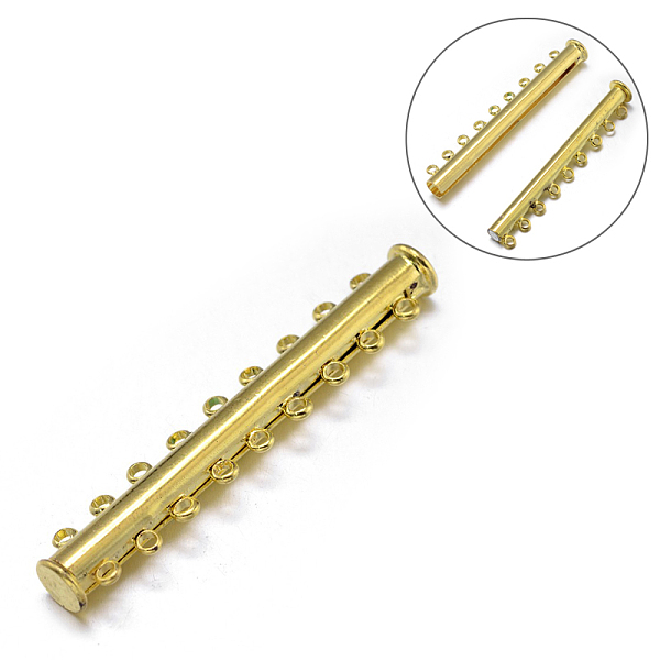 

PandaHall 9-Strands 18-Holes Tube Brass Magnetic Slide Lock Clasps, Nickel Free, Golden, 45x10x7mm, Hole: 2mm Brass