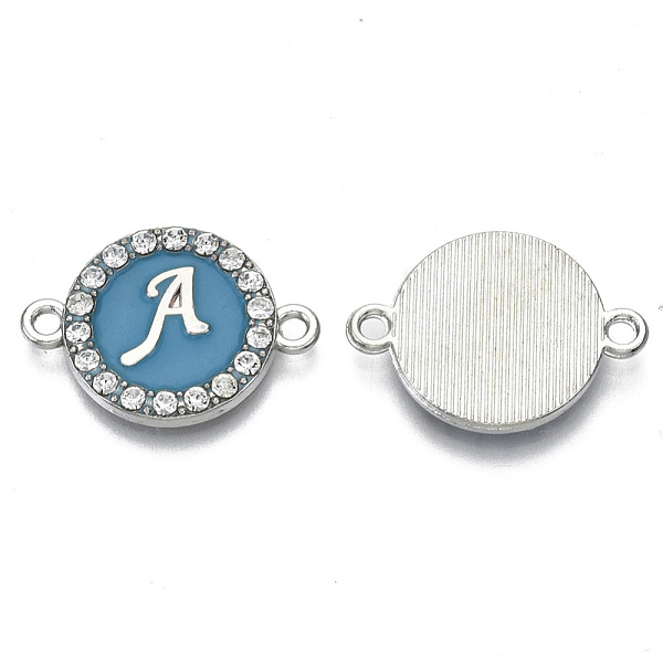 

PandaHall Alloy Enamel Links Connectors, with Crystal Rhinestones, Flat Round with Letter, Silver Color Plated, Letter.A, 22x16x2mm, Hole..., Blue
