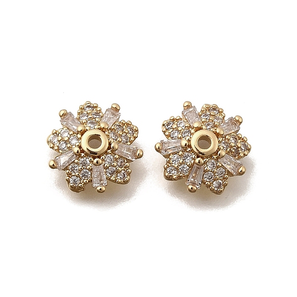 Brass Micro Pave Clear Cubic Zirconia Bead Caps, Flower, Real 18K Gold Plated, 10.5x3mm, Hole: 1.2mm