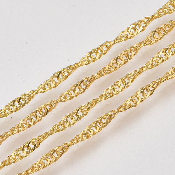 

PandaHall Soldered Brass Covered Iron Singapore Chains, Water Wave Chains, with Spool, Golden, 3x2x0.4mm, about 328.08 Feet(100m)/roll Iron