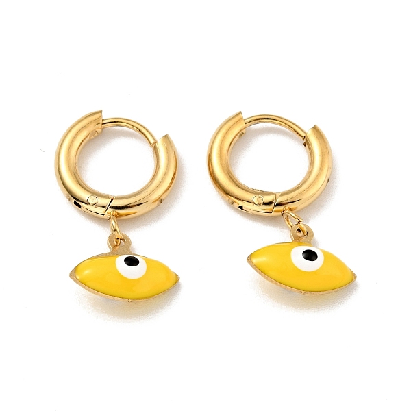 

PandaHall Enamel Horse Eye Dangle Hoop Earrings, Gold Plated 304 Stainless Steel Jewelry for Women, Yellow, 24mm, Pin: 1mm 304 Stainless...