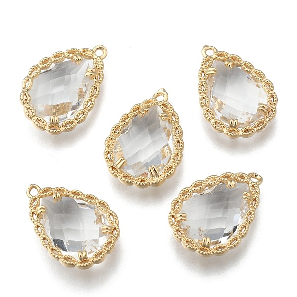 

PandaHall Transparent Glass Pendants, for DIY Jewelry Making, with Brass Findings, Faceted, Teardrop, Light Gold, Clear, 19x14x4.5mm, Hole...