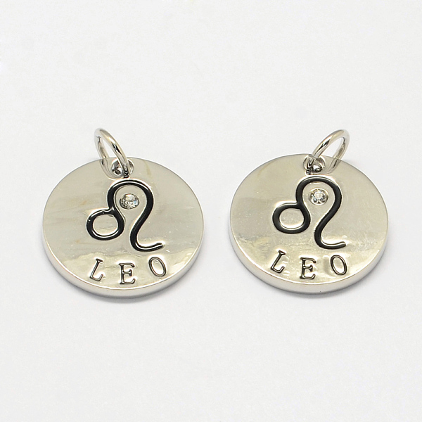 

PandaHall Alloy Pendants, with Rhinestone, Flat Round, with Constellation/Zodiac Sign, Platinum, Leo, 22x2.5mm, Hole: 5.5mm Alloy+Rhinestone..., Clear