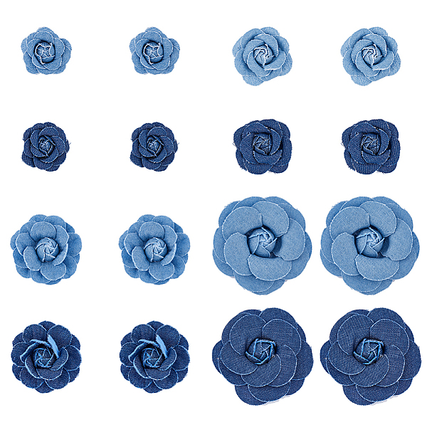 PandaHall SUPERFINDINGS 16Pcs Fabric Flower Blue Denim Cloth Flowers 8 Style Camelia Sewing Flowers for Clothes Hairclips Decoration DIY...