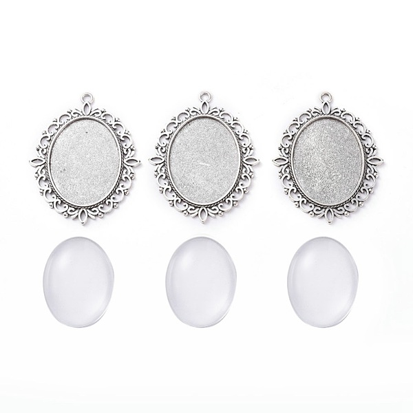 

PandaHall DIY Pendant Making, with Tibetan Style Alloy Pendant Cabochon Settings and Transparent Oval Glass Cabochons, Antique Silver..., Clear