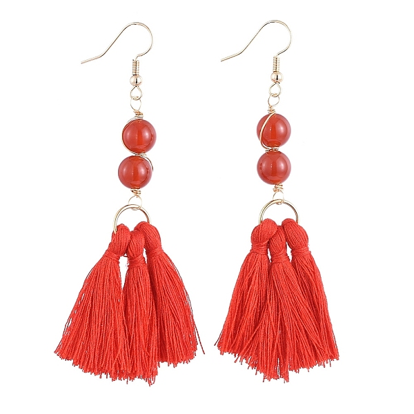 

PandaHall Dangle Earrings, with Cotton Thread Tassels, with Natural Carnelian Gemstone Beads and Brass Earring Hooks, Golden, Red, 84mm, Pin...