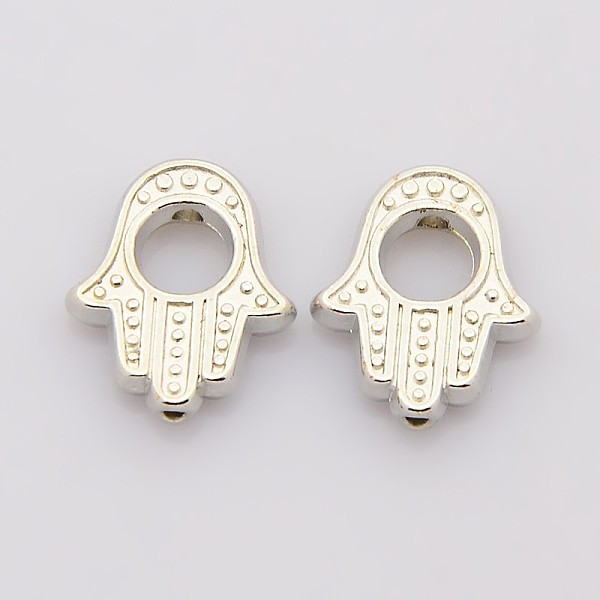 

PandaHall Tibetan Style Alloy Bead Frames, Hamsa Hand/Hand of Miriam, Lead Free & Cadmium Free, Platinum, 15.5x13x3mm, Hole: 1mm Alloy Palm