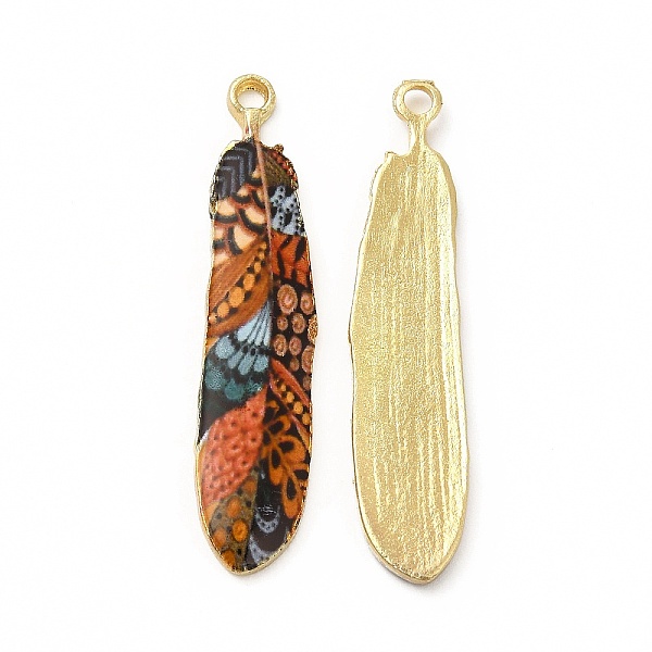 PandaHall Rack Plating Alloy Pendants, Printed, Lead Free & Cadmium Free & Nickel Free, Feather Charm, Light Gold, Chocolate, 36.5x8x1.5mm...