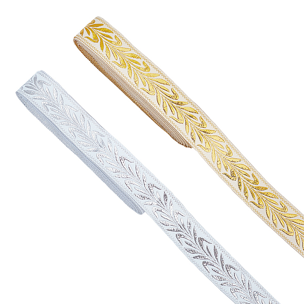 

PandaHall FINGERINSPIRE 2 Bundles 14.9 Yard Gold & Silver Leaf Pattern Jacquard Ribbon 25mm Wide Leaves Woven Trim Ethnic Style Embroidery..., Multicolor