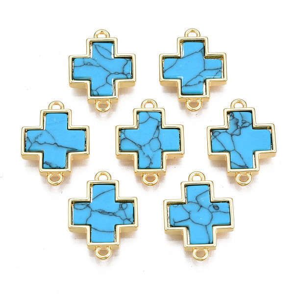 

PandaHall Brass Connector Charms, with Synthetic Turquoise, Cadmium Free & Nickel Free & Lead Free, Real 18K Gold Plated, Cross, Deep Sky...