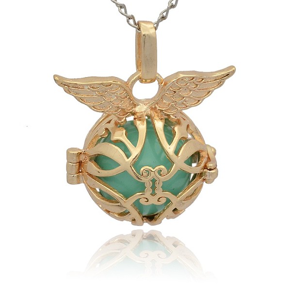 

PandaHall Golden Tone Brass Cage Pendants, Hollow Round with Wing, with No Hole Spray Painted Brass Round Ball Beads, Medium Turquoise...
