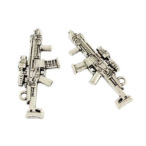 

PandaHall Tibetan Style Alloy Submachine Gun Pendants, Cadmium Free & Lead Free, Antique Silver, 45x19x4mm, Hole: 2mm, about 75pcs/500g...