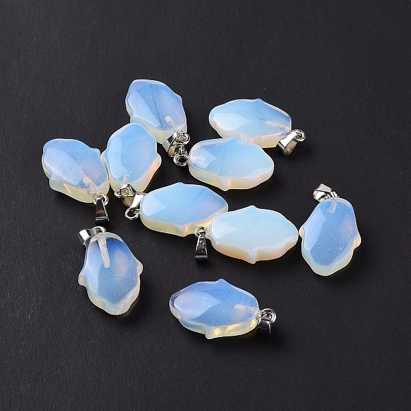 

PandaHall Opalite Pendants, Hamsa Hand Charms, with Platinum Plated Alloy Snap on Bails, 24~24.5x15x7mm, Hole: 5.5x3mm Opalite Hamsa Hand