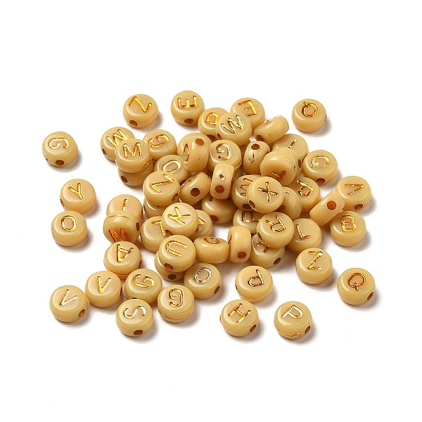 

PandaHall Plating Acrylic Beads, Golden Metal Enlaced, Horizontal Hole, Flat Round with Letter, Champagne Yellow, 6.5~7x3.5~4mm, Hole: 1.6mm..., Gold