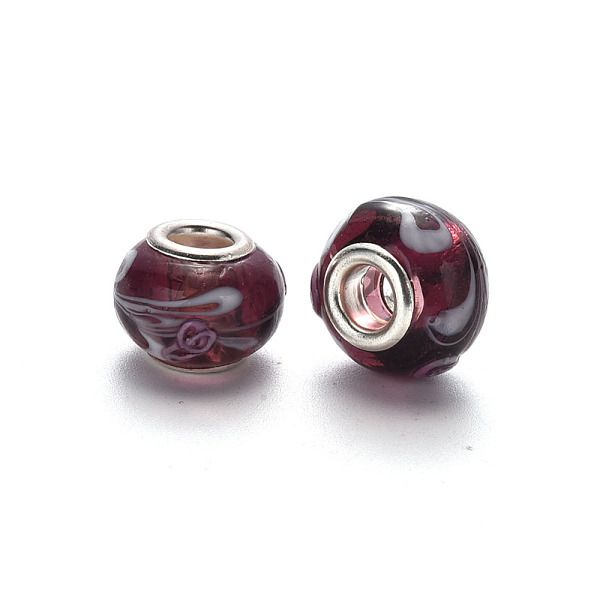 

PandaHall Handmade Lampwork European Beads, Large Hole Rondelle Beads, with Platinum Tone Brass Double Cores, Coconut Brown, 14~15x9~10mm...