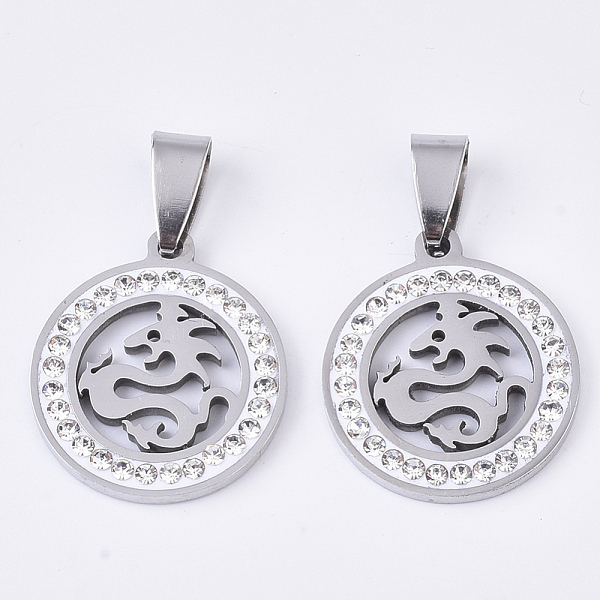 

PandaHall 201 Stainless Steel Filigree Pendants, Flat Round with Dragon, with Random Size Snap On Bails and Polymer Clay Crystal Rhinestones..., Clear