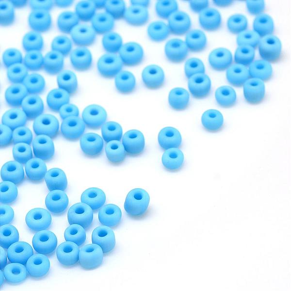 

PandaHall Frosted Opaque Glass Seed Beads, Round, Deep Sky Blue, 4~5x2.5~5mm, Hole: 1mm, about 4500pcs/bag, 440~450g/bag Glass Blue