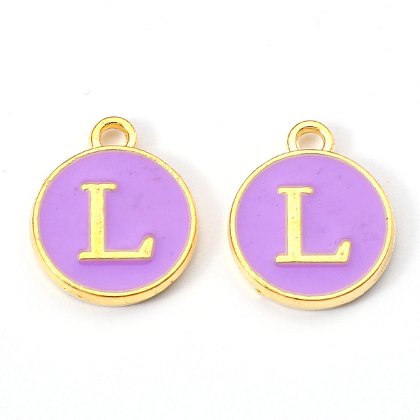 

PandaHall Golden Plated Alloy Enamel Charms, Enamelled Sequins, Flat Round with Letter, Medium Purple, Letter.L, 14x12x2mm, Hole: 1.5mm...
