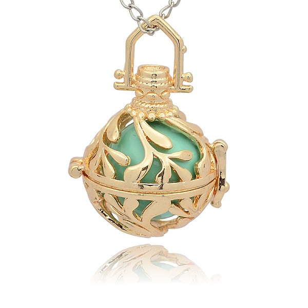 

PandaHall Golden Tone Brass Hollow Round Cage Pendants, with No Hole Spray Painted Brass Round Ball Beads, Medium Turquoise, 36x25x21mm...