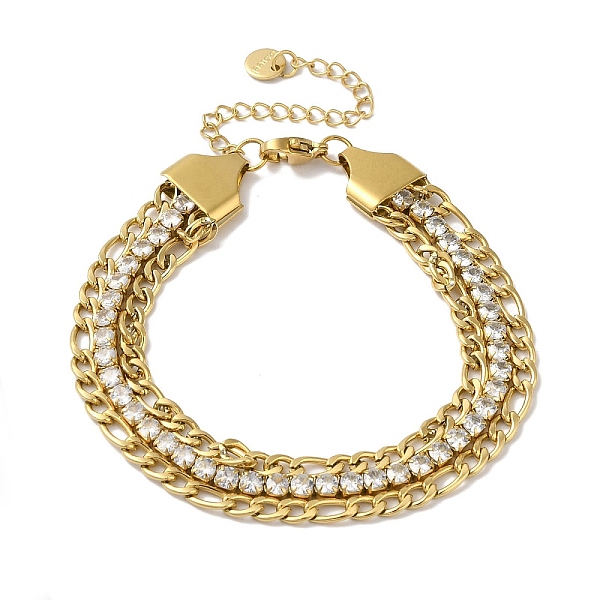 

PandaHall 304 Stainless Steel Pave Crystal Rhinestone Multi-Strand Figaro Chain Bracelets for Women, Real 18K Gold Plated, 7-1/2 inch(19cm)..., Clear