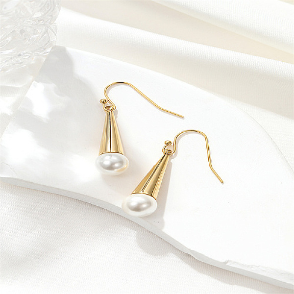 

PandaHall 304 Stainless Steel Cone Dangle Earrings, Natural Pearl Drop Earrings, Real 18K Gold Plated, 28.8x8mm Pearl Cone White