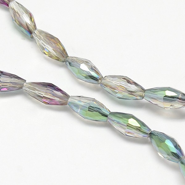 

PandaHall Electroplate Crystal Glass Rice Beads Strands, Faceted, Rainbow Color Plated, Dark Sea Green, 4x9mm, Hole: 1mm, about 58pcs/strand...