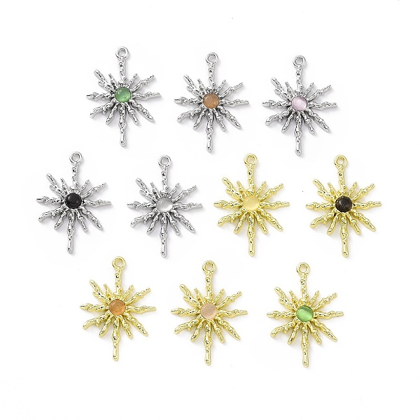 

PandaHall Rack Plating Alloy Cat Eye Pendants, Sun Charms, Mixed Color, 28.5x20.5x2.5mm, Hole: 1.6mm Alloy+Cat Eye Sun Multicolor