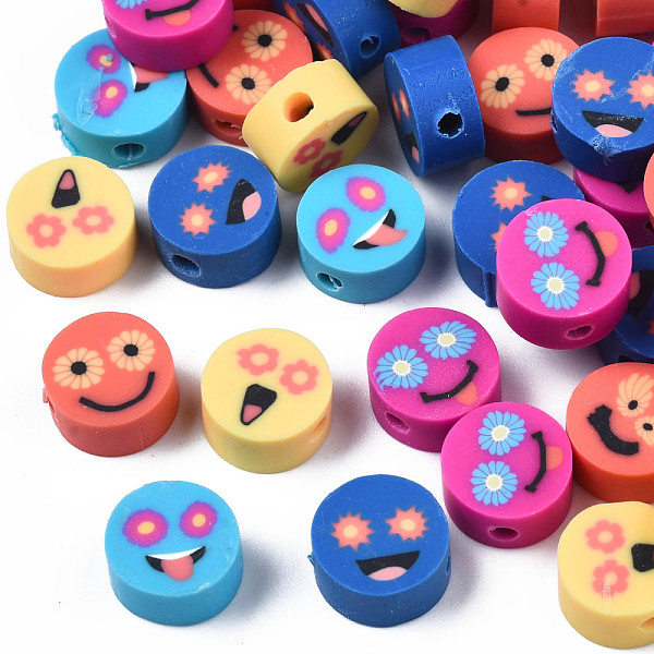 

PandaHall Handmade Polymer Clay Beads, Flat Round with Expression, Mixed Color, 9~10x4~5mm, Hole: 1.6mm Polymer Clay Flat Round Multicolor