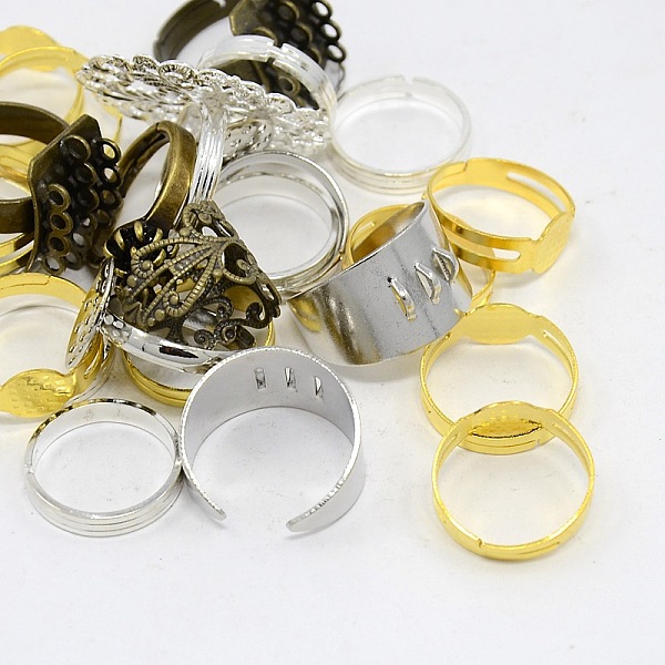 

PandaHall Adjustable Mixed Style Brass Finger Ring Settings, Mixed Color, 16~19mm, Tray: 8~32x8~24mm Brass