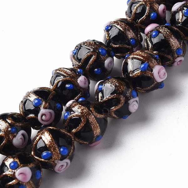 

PandaHall Handmade Gold Sand Lampwork Beads Strands, Round with Flower, Black, 13~15x11~13mm, Hole: 1.6mm, about 45pcs/strand, 20.47...