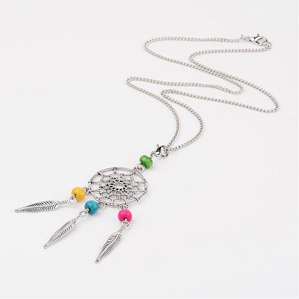 

PandaHall Woven Net/Web with Feather Tibetan Style Alloy Pendant Necklaces, with Wood Beads and Alloy Lobster Clasps, Colorful, 19.6 inch...
