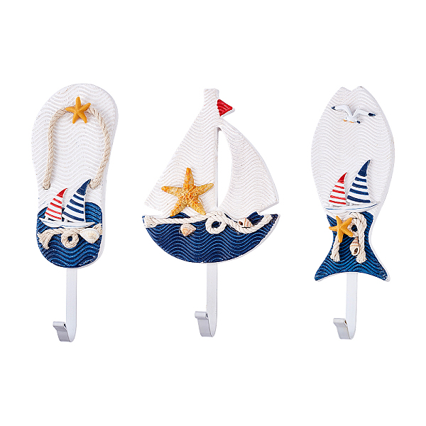 PandaHall SUPERFINDINGS 3pcs Wooden Mediterranean Style Wall Hooks Prussian Blue Fish Sailboat Slipper Shape Wall Hooks for Towel Robe Coat...