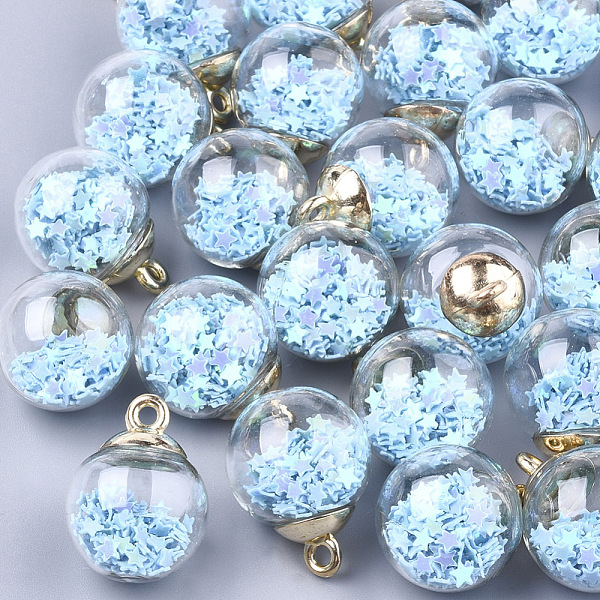 

PandaHall Glass Ball Pendants, with Glitter Sequins and CCB Plastic Findings, Round with Star, Sky Blue, 21x15.5~16mm, Hole: 2mm Glass Round...