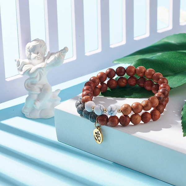 

PandaHall 2Pcs 2 Style Natural Sesame Jasper/Kiwi Jasper & Synthetic Howlite & Wood Stretch Bracelets Set with Om Symbol, Gemstone Yoga..., Brown