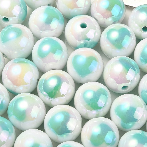 

PandaHall UV Plating Rainbow Iridescent Acrylic Beads, Round with Heart Pattern, Medium Turquoise, 16x15mm, Hole: 3mm Acrylic Round